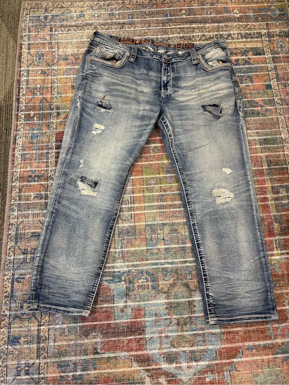 Rock Revival "Eithan" Relaxed Taper Stretch Distressed Jeans 44x30